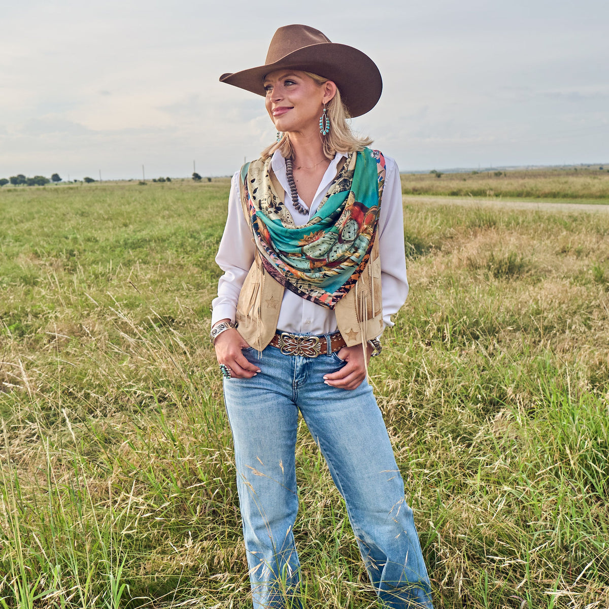 Fringe Shades of Texas Silk Scarf layers over a western snap shirt womens western clothing