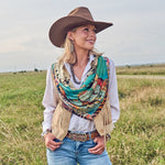 Fringe Shades of Texas Silk Scarf long enough to tuck the tails into a vest western clothing Utah