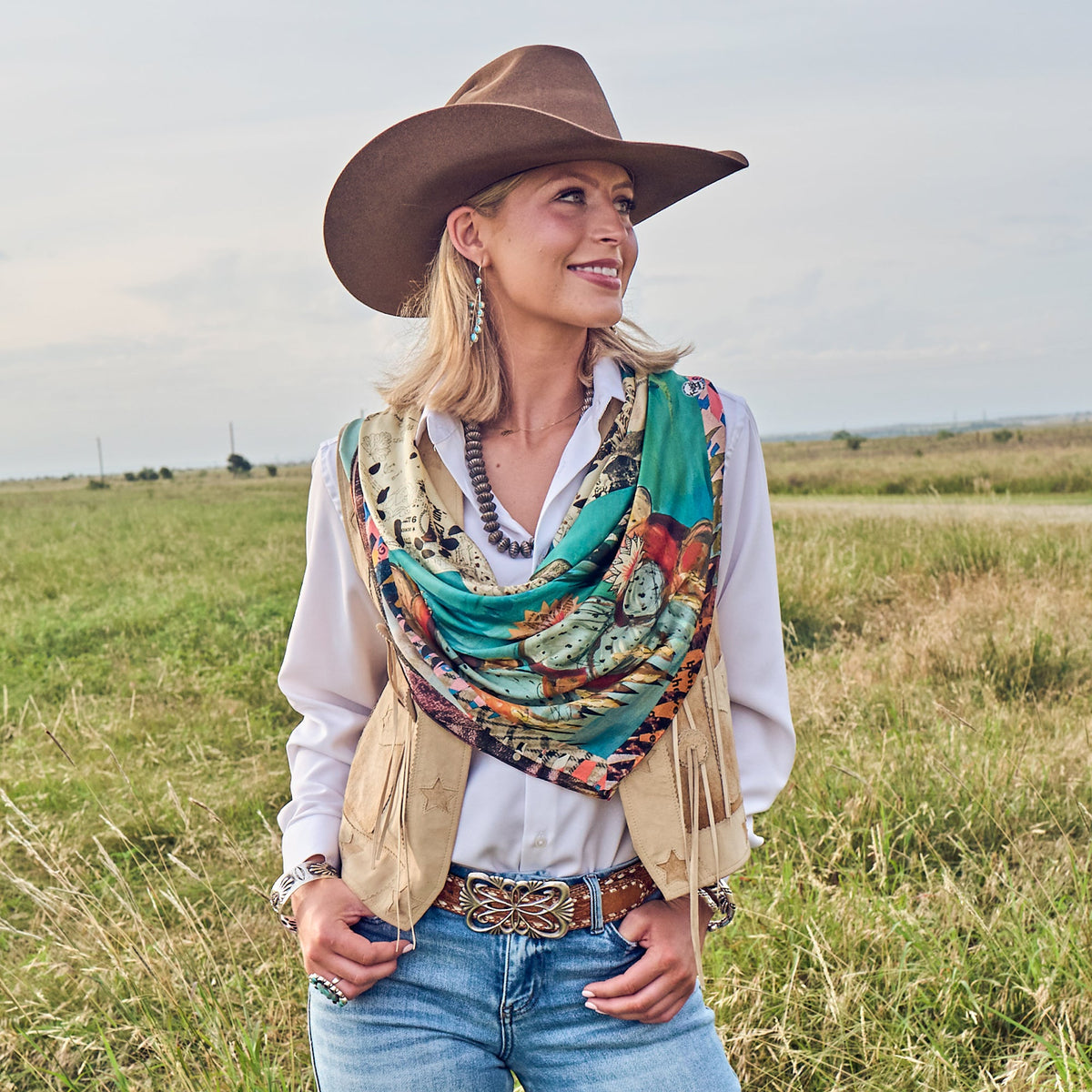 Fringe Shades of Texas Silk Scarf long enough to tuck the tails into a vest western clothing Utah