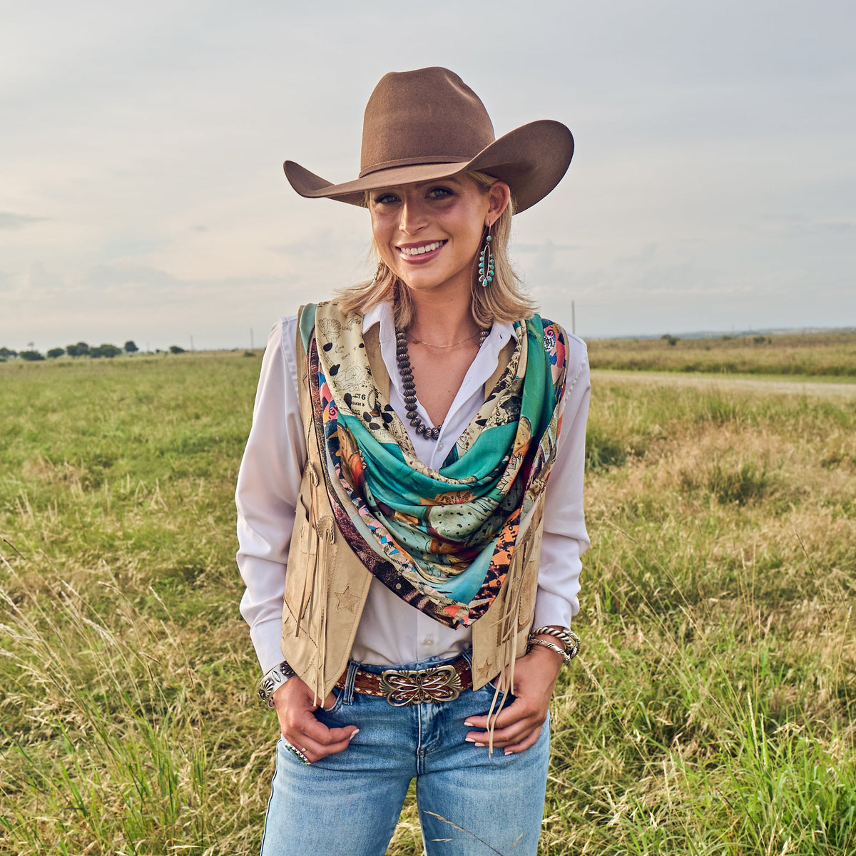 Fringe Shades of Texas Silk Scarf square silk scarf that drapes soft and fluid cowgirl