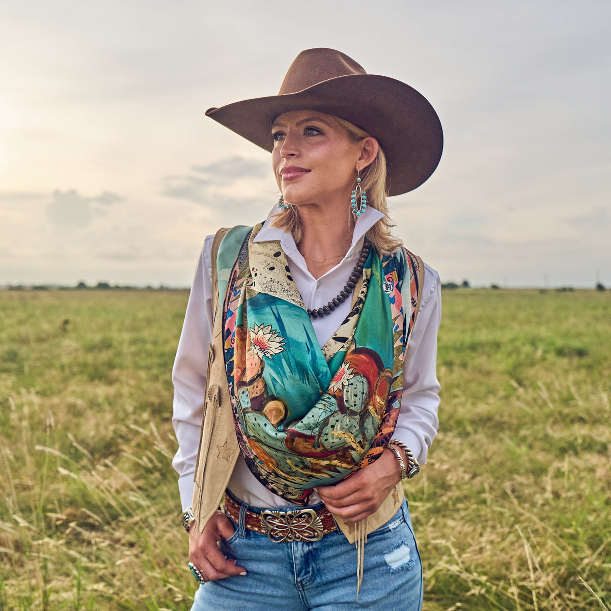 Fringe Shades of Texas Silk Scarf goes with a felt or straw cowboy hat cowboy