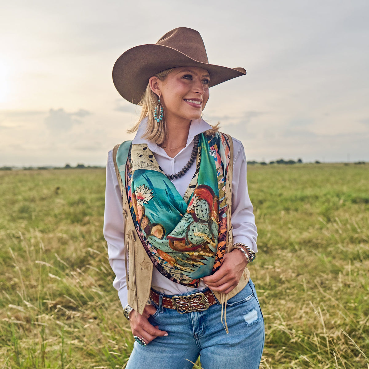 Fringe Shades of Texas Silk Scarf made to tie as a classic wild rag at the neck western fashion