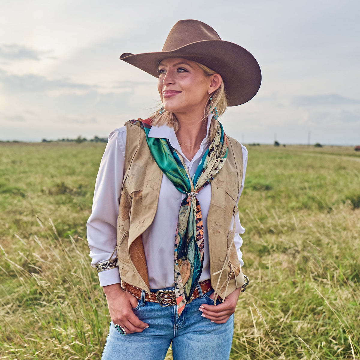 Fringe Shades of Texas Silk Scarf wraps twice and knots close rodeo