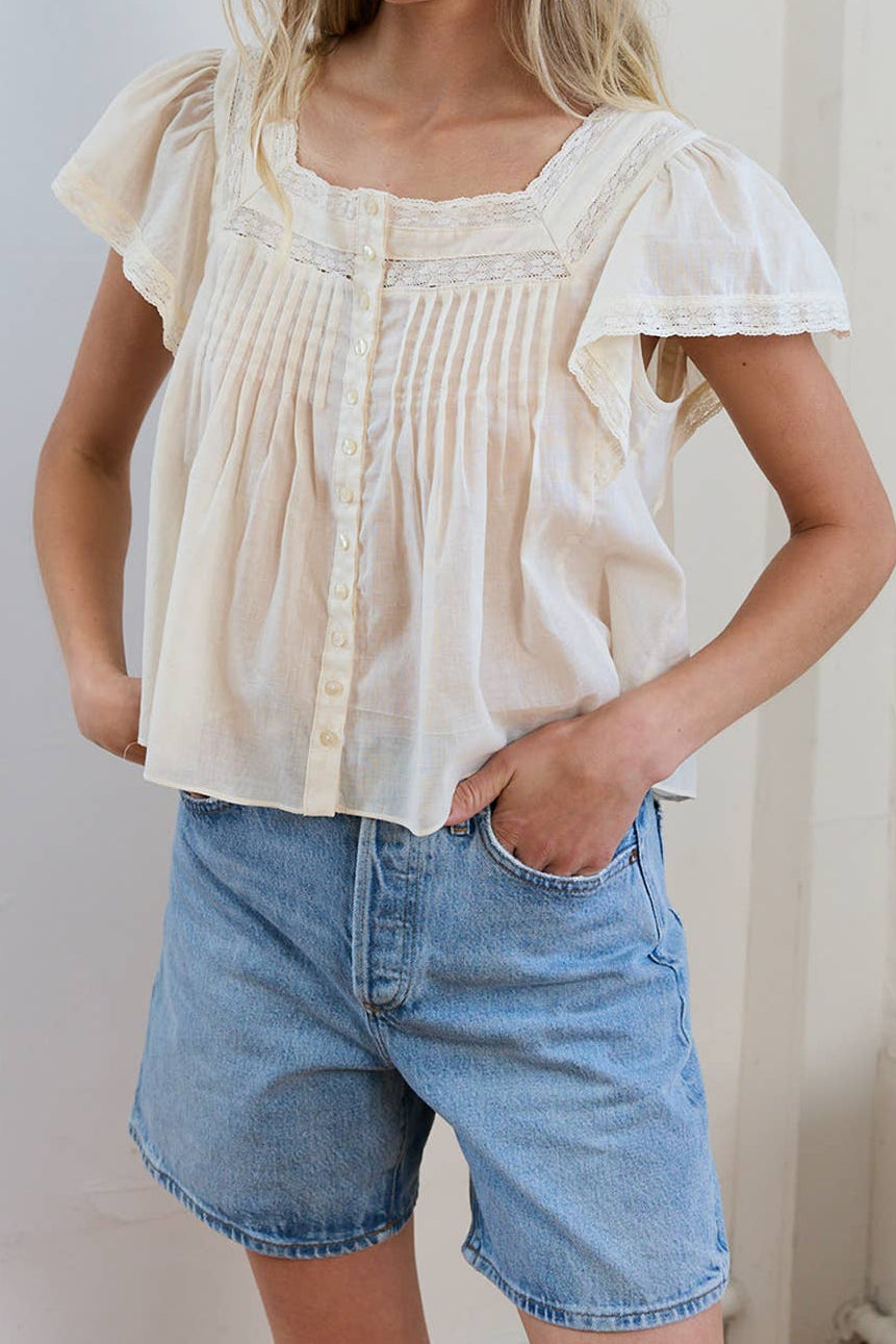 Lora Lace Trim Pintuck Blouse a button up front lace trim pintuck shirt with a short sleeve shirt at boltranchstore.com womens summer shirt