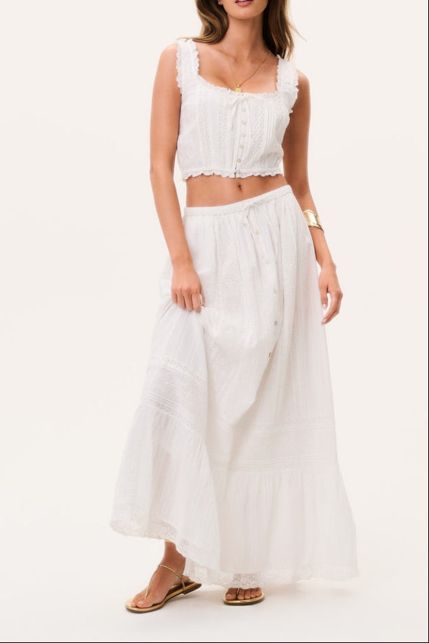 LoveShackFancy Brina Cotton Maxi Skirt at boltranchstore.com womens skirt free shipping white skirt button down the front wear with boots or sandals wear to a rodeo summer skirt beach skirt rodeo skirt
get the matching top 
