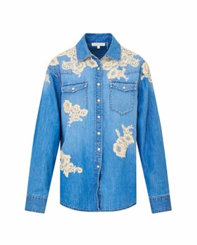 LoveShackFancy Kelith Shirt an embroidered floral snap up front denim shirt everyday wear free shipping at boltranchstore.com