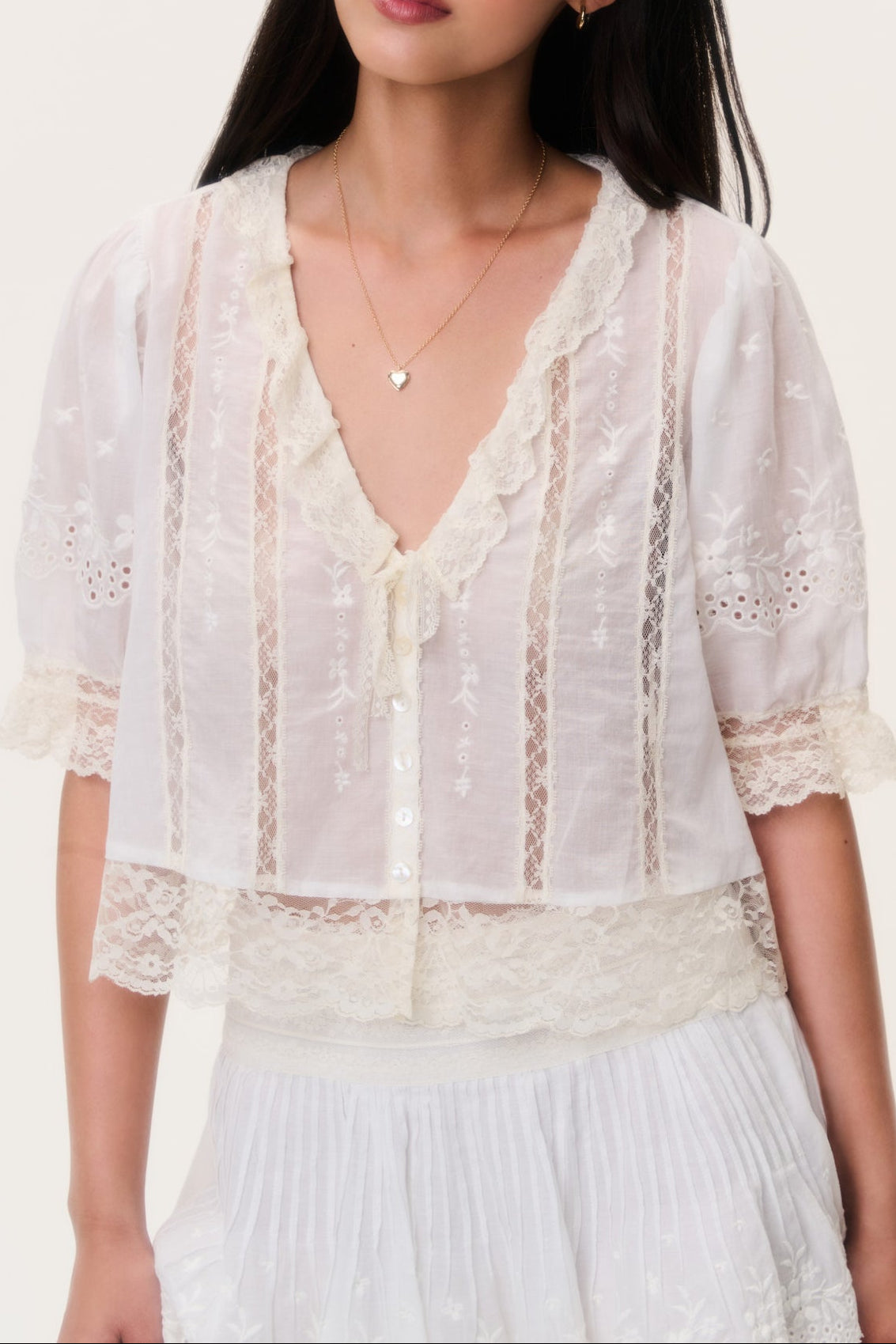LoveShackFancy Maurelle Cotton Lace Blouse at boltranchstore.com white lace top womens shirt lace shirt 