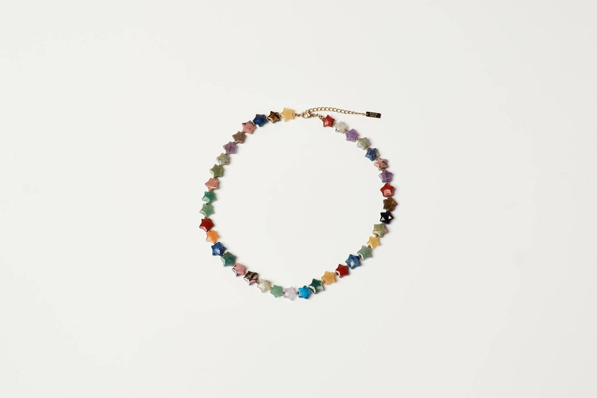 shop at boltranchstore.com beaded necklace made of small star-shaped beads in multiple colors, arranged in a circle on a plain white background. free shipping