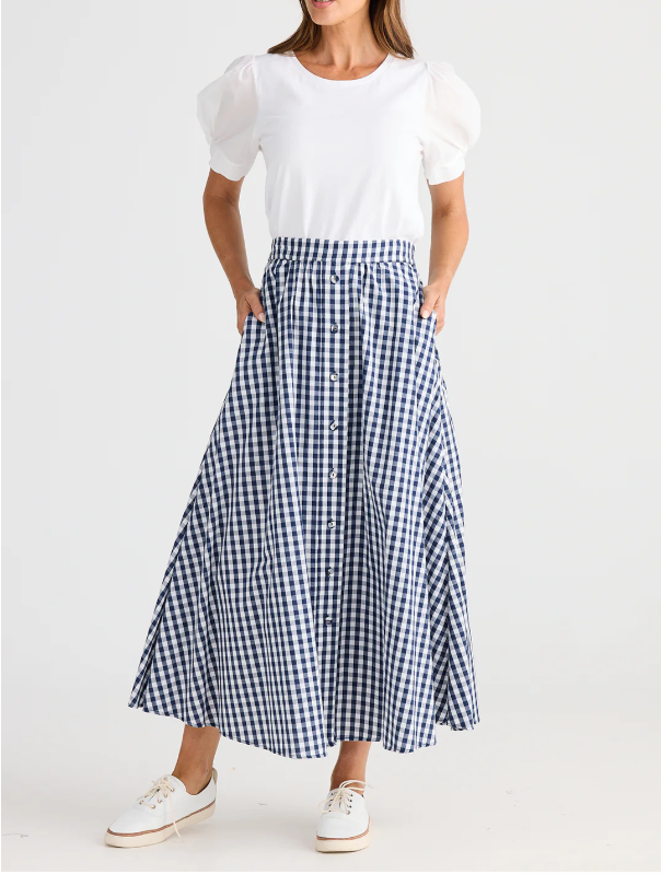 Lucy Gingham Skirt in a button up front with side pockets in a gingham fabric at boltranchstore.com