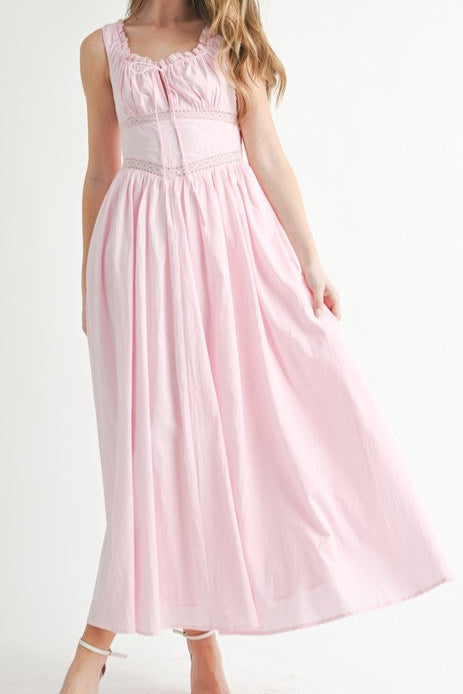 Lucy Lace Trimmed Gathered Midi Dress in pink with lace detail