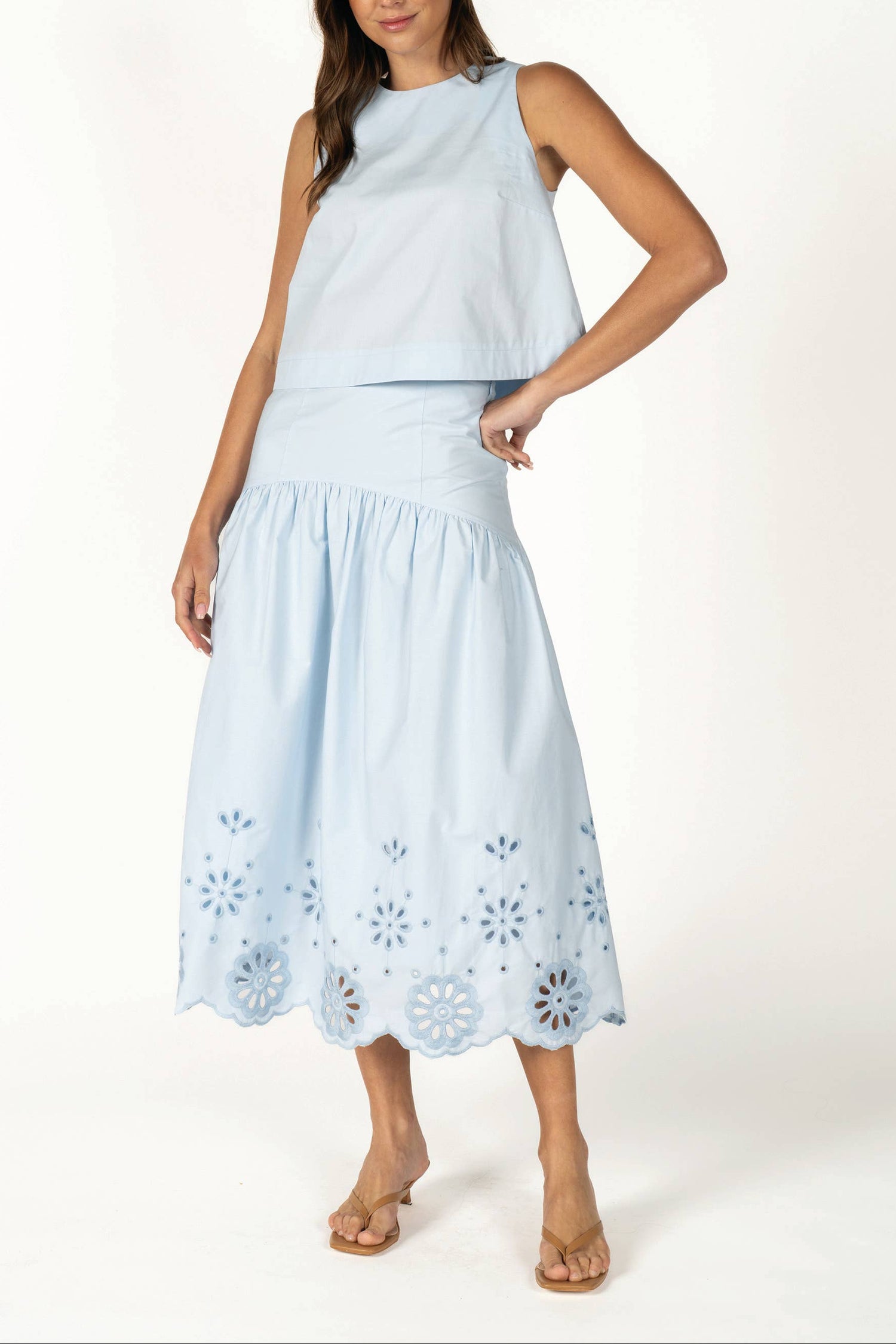 Womens Lucy Skirt Set blue two piece Two-Piece Eyelet Skirt Set Sleeveless Top Tiered Midi skirt Boltranchstore.com Free Shipping
