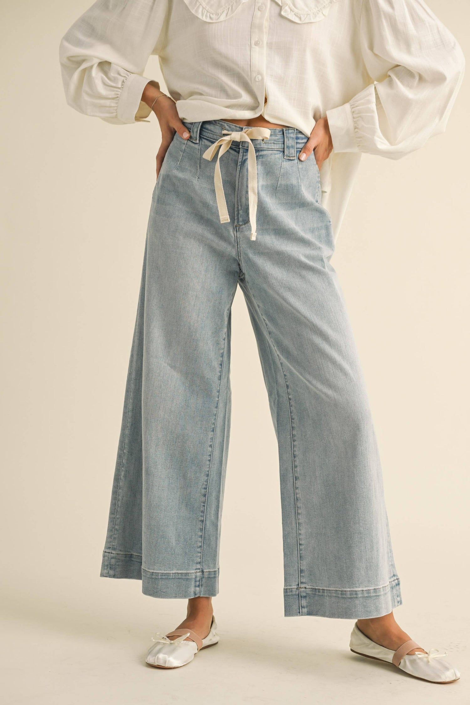 Lucy Washed Denim Tie Front Pants womens wide leg denim pants jeans 2025 at Boltranchstore.com