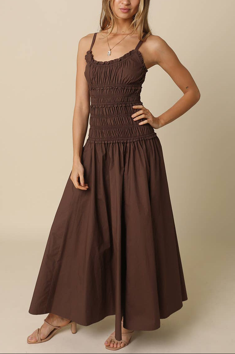 Luna Smocked Dress coffee brown sleeveless spaghetti strap summer dark brown womens dress Boltranchstore.com womens boutique