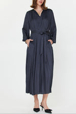 Lydia Pleated Dress womens sophisticated midi dress in navy belted long sleeve free shipping at Boltranchstore.com
