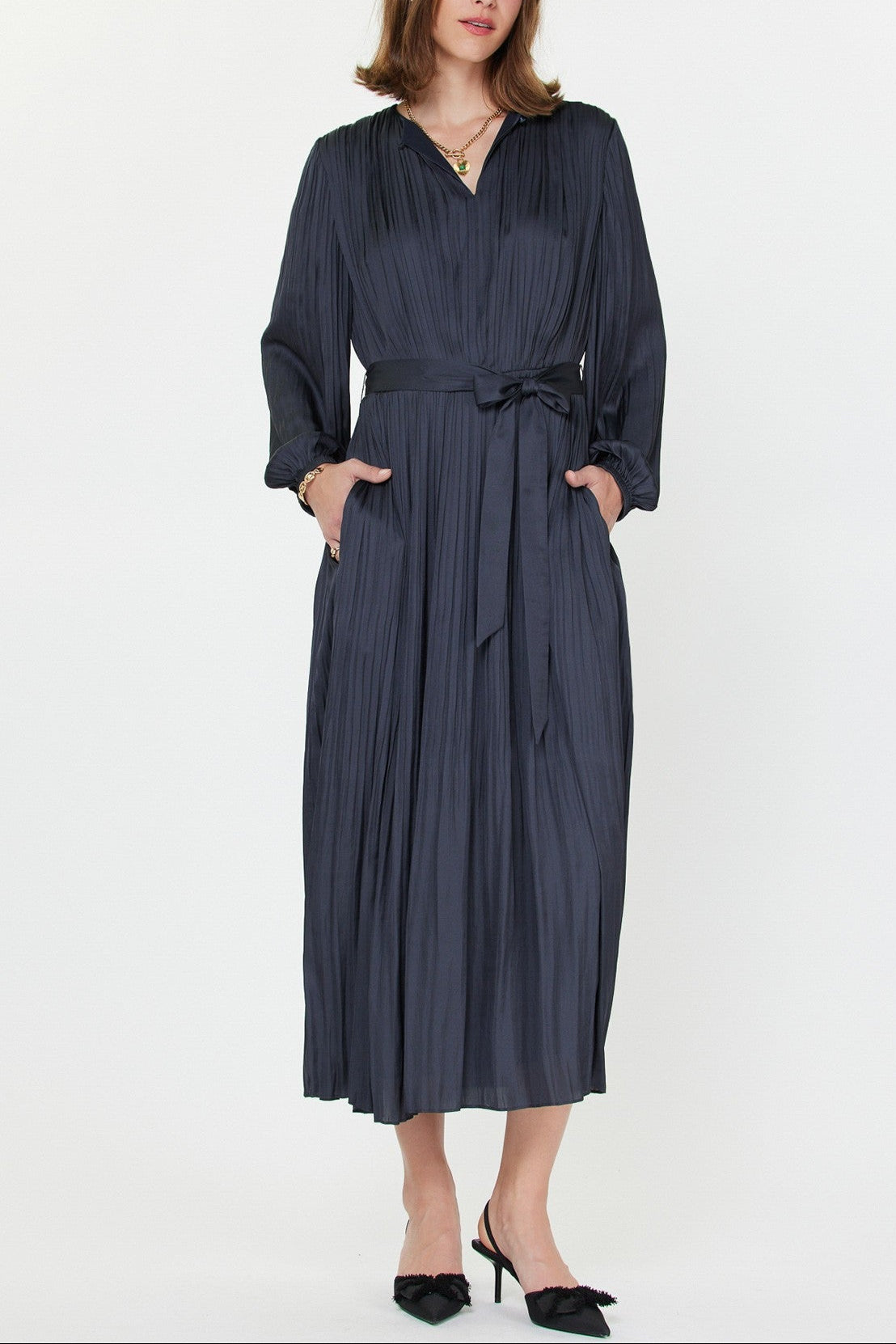 Lydia Pleated Dress womens sophisticated midi dress in navy belted long sleeve free shipping at Boltranchstore.com
