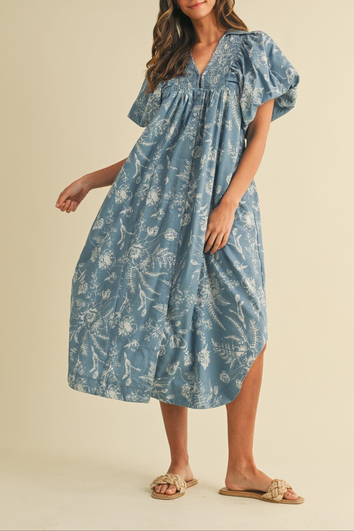 Lyla Floral Chambray Dress womens comfortable summer puff sleeve dress free shipping Boltranchstore.com