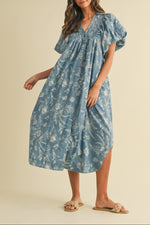 Lyla Floral Chambray Dress womens comfortable summer puff sleeve dress free shipping Boltranchstore.com