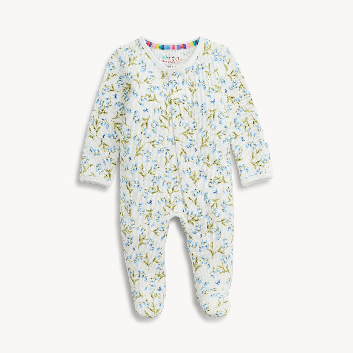Magnetic Me Lillian Waffle Footie ivory waffle modal baby sleeper with blue floral and olive green leaf print Kamas Utah SKU MF600279