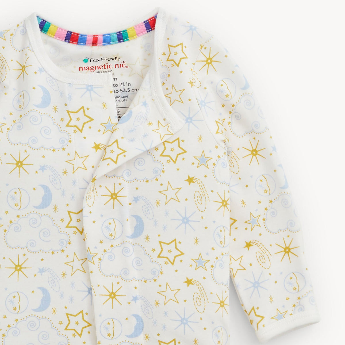 Magnetic Me Star Signs Blue Modal Footie magnetic closures running from the neckline down the leg with rainbow striped collar trim