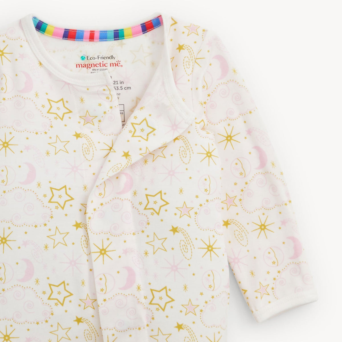 Magnetic Me Star Signs Pink Modal Footie rainbow striped neckline binding above a magnetic front opening and covered feet