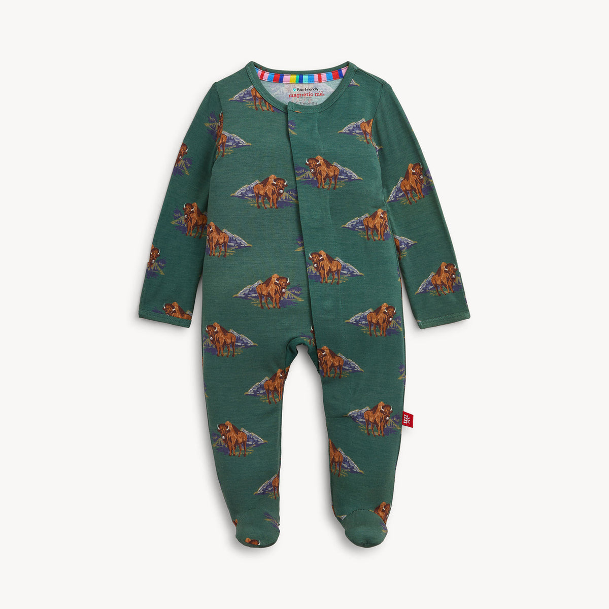 MF600760 Magnetic Me Footie Bison At boltranchstore.com in stock free shipping A baby long-sleeve footed sleeper in dark green with an allover print of bison and a mountain land scape