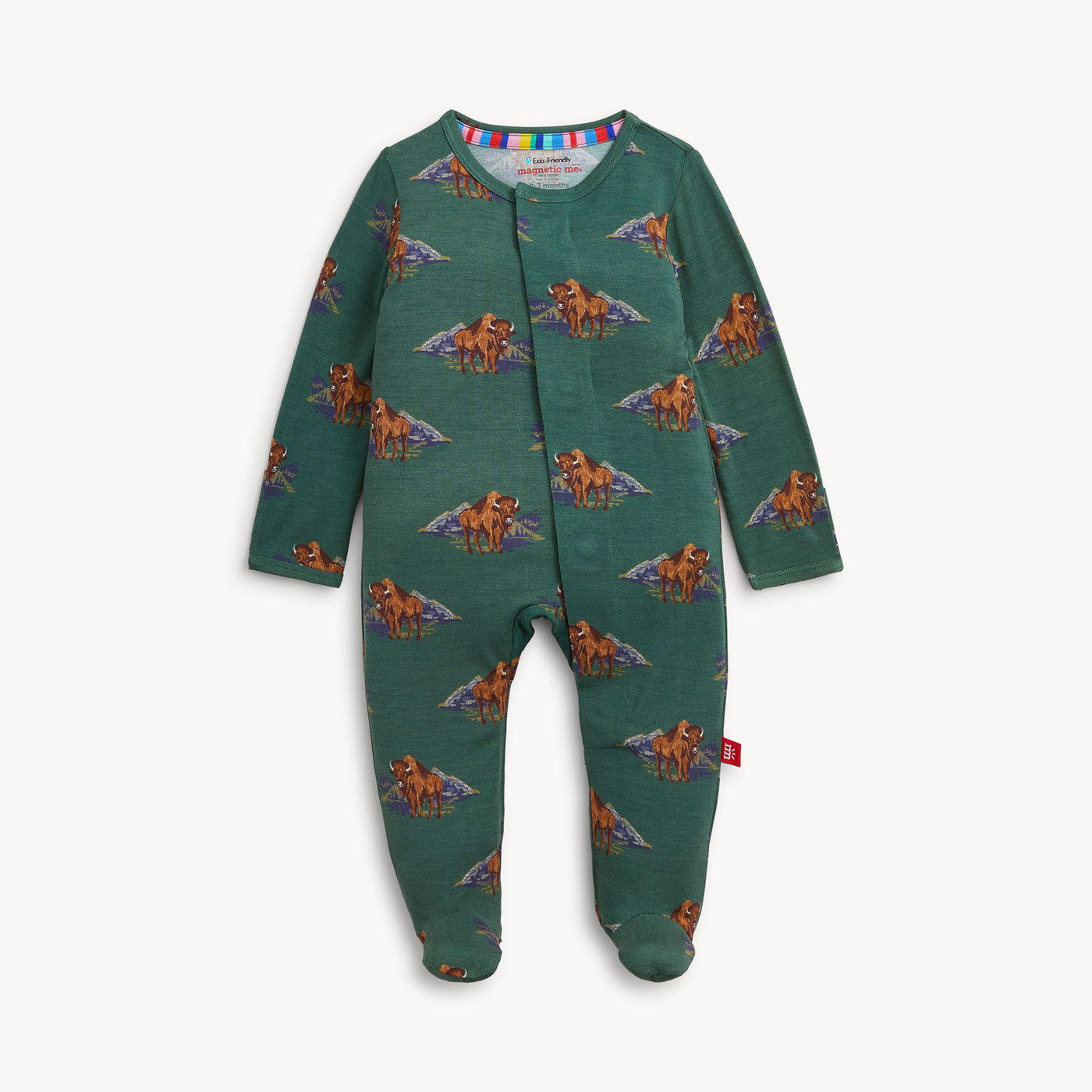 MF600760 Magnetic Me Footie Bison At boltranchstore.com in stock free shipping A baby long-sleeve footed sleeper in dark green with an allover print of bison and a mountain land scape