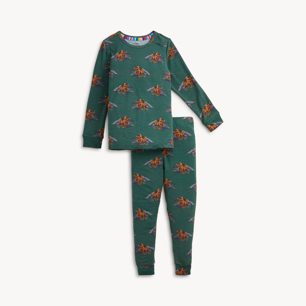 MF600762 Magnetic Me PJ Set Bison in boltranchstore.com in stock free shipping A two-piece children's pajama set in dark green, featuring a long-sleeve top and matching pants with an allover print of a bison 