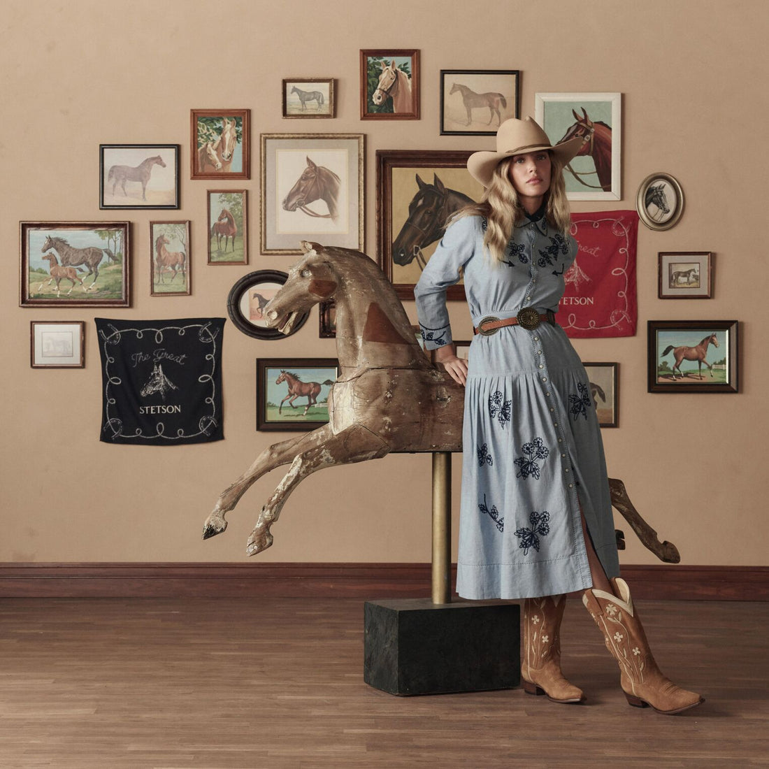 Stetson and THE GREAT Suede Floral Cowboy Boot in Tan