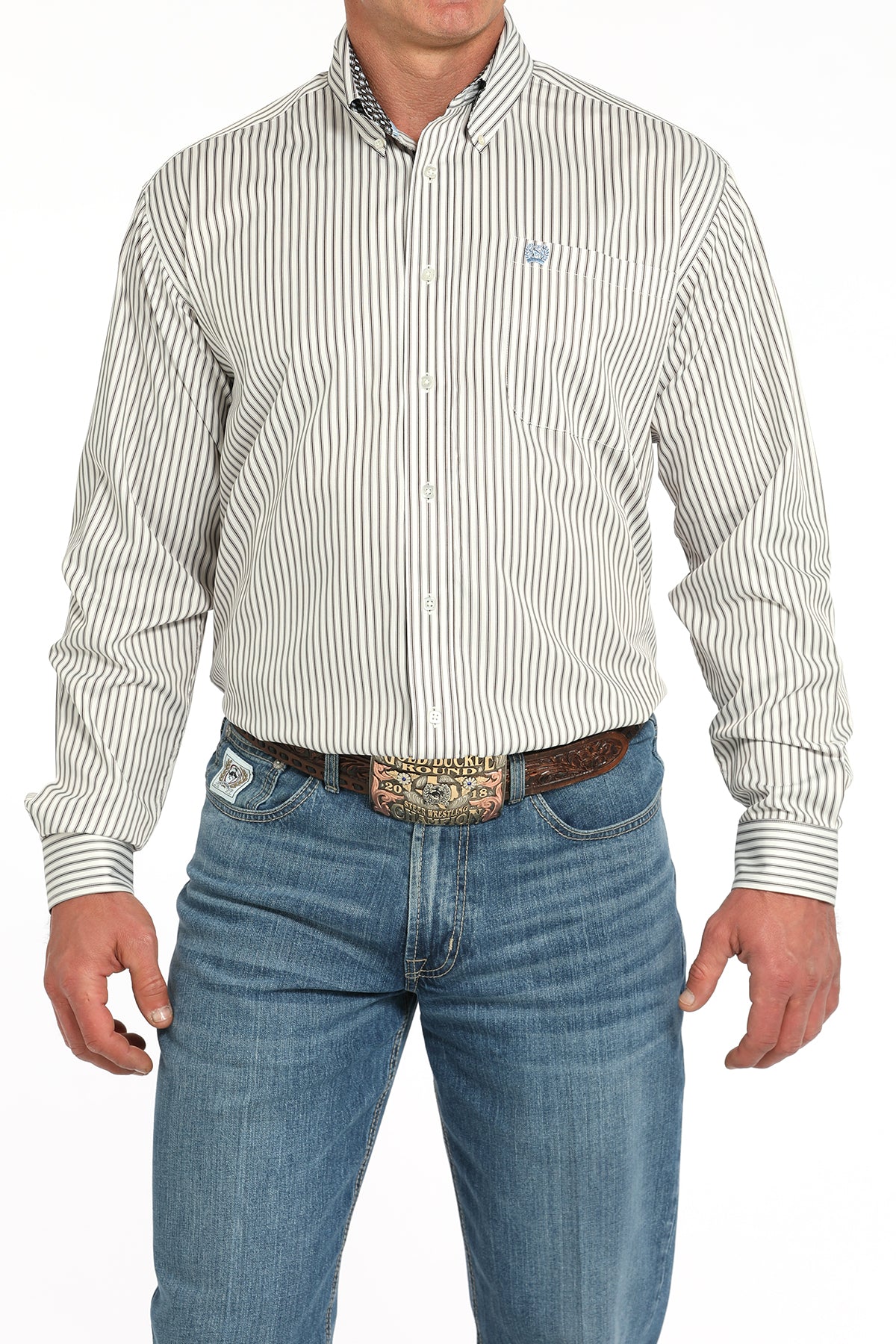 Cinch Mens Long Sleeve Cream Stripe Shirt