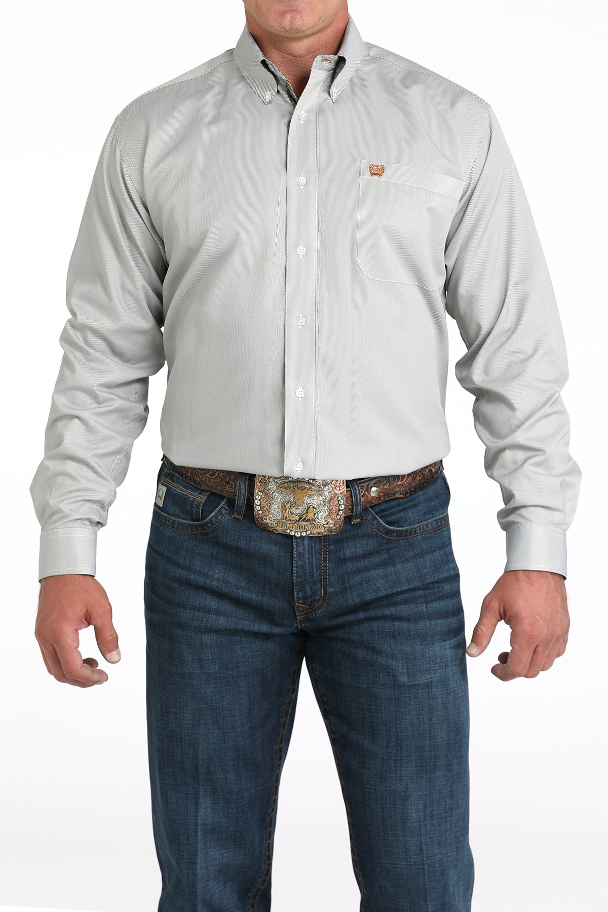 Cinch Mens Long Sleeve Olive Stripe Shirt