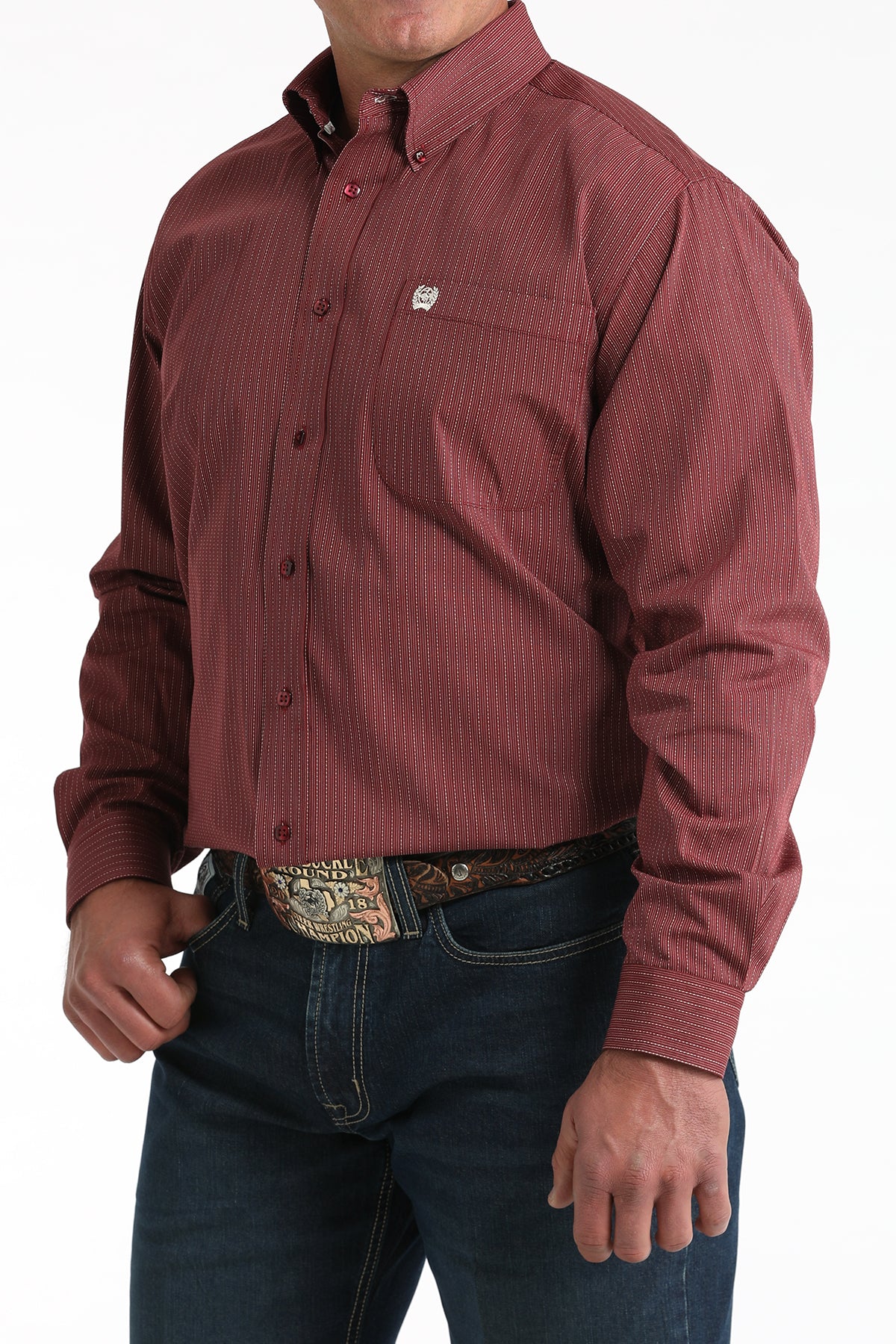 Cinch Mens Burgandy Stripe Shirt perfect addition to your western wear wardrobe. Choose boltranchstore.com for all your western goods. Free shipping