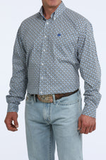 Cinch Mens Long Sleeve Print Shirt White straight cut button front shirt with pointed button down collar mens western fashion
