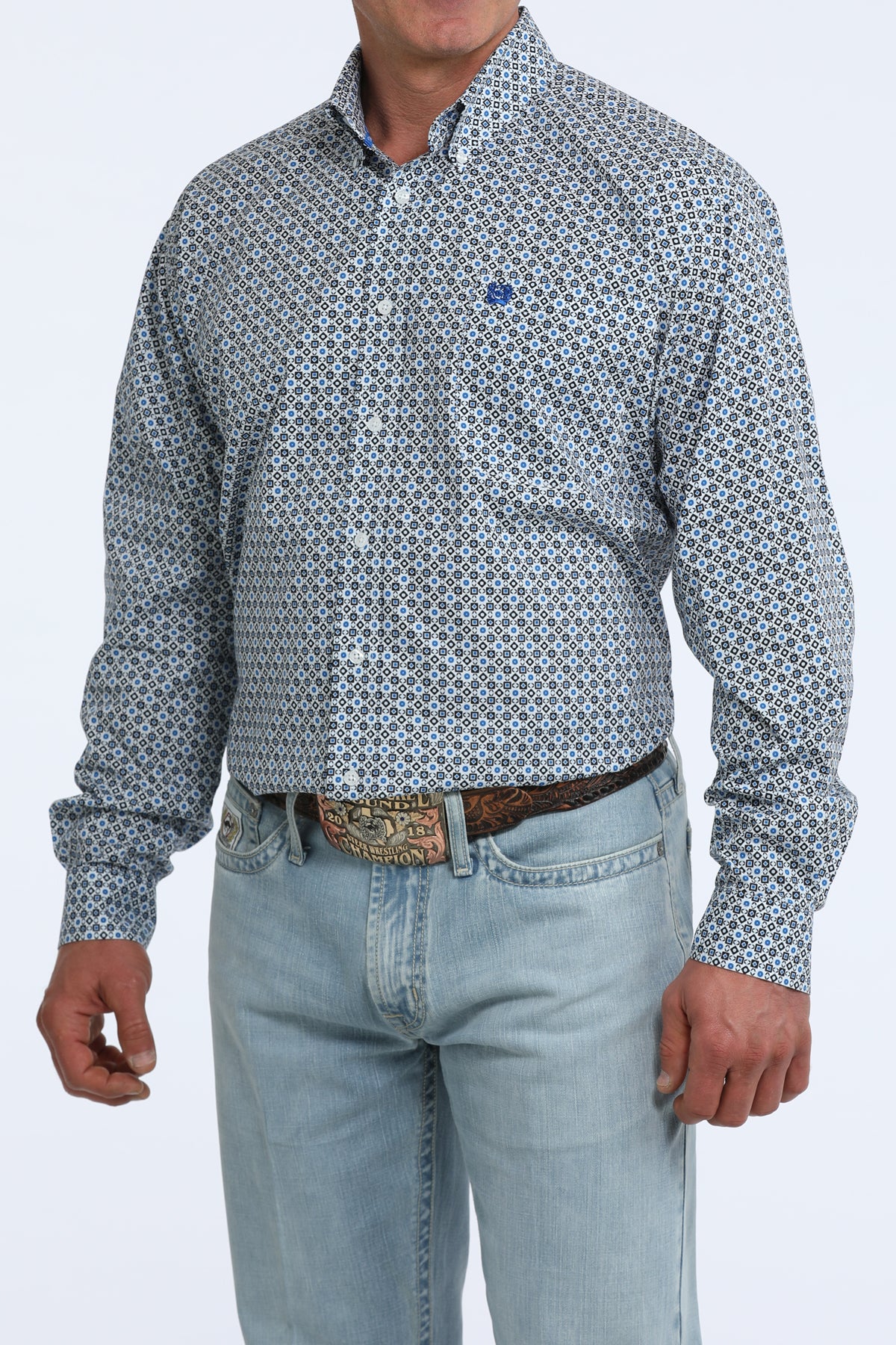 Cinch Mens Long Sleeve Print Shirt White straight cut button front shirt with pointed button down collar mens western fashion