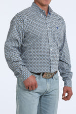 Cinch Mens Long Sleeve Print Shirt White chest pocket with embroidered blue logo and buttoned barrel cuffs ranch wear