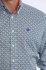 Cinch Mens Long Sleeve Print Shirt White tucked with a belt for rodeo weekends and everyday western wear Kamas