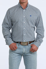 Cinch Mens Long Sleeve Print Shirt White crisp white ground with navy and blue geometric medallion print western clothing Utah SKU MTW1106123