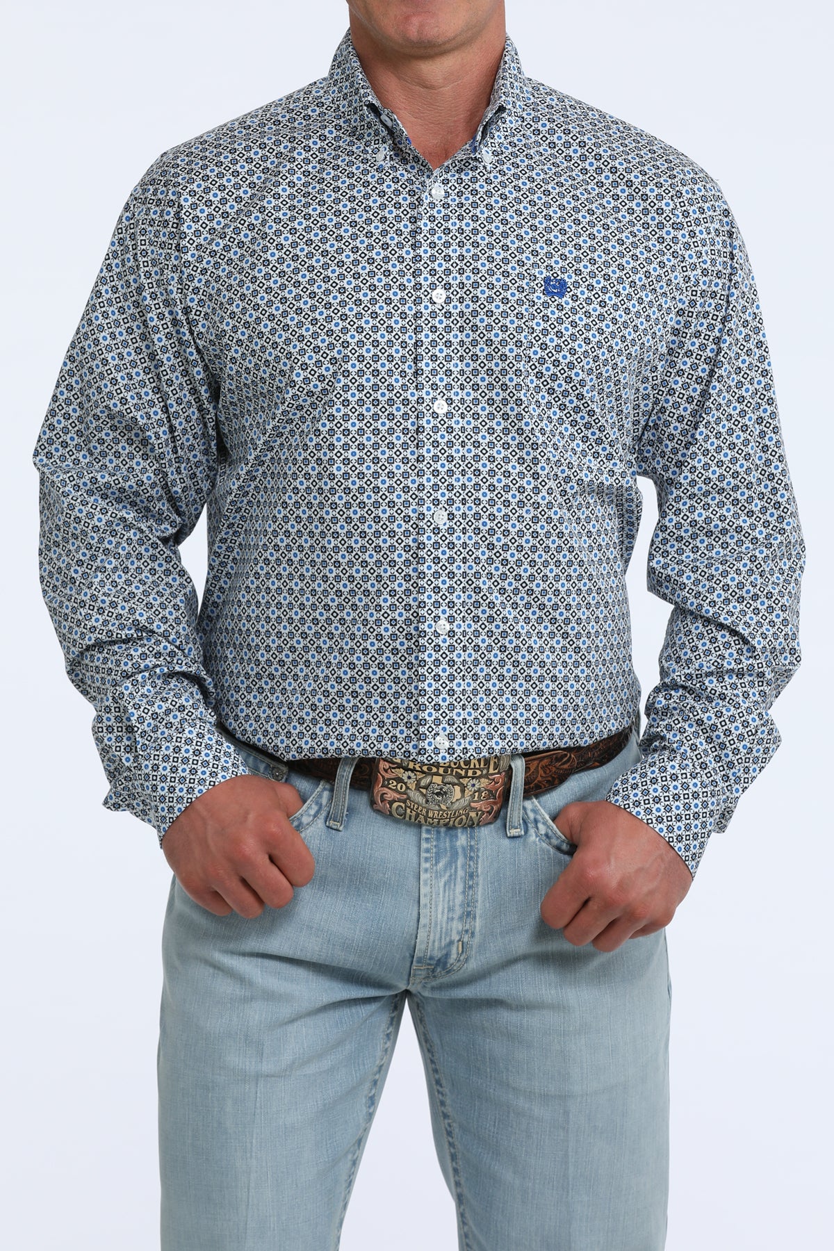 Cinch Mens Long Sleeve Print Shirt White crisp white ground with navy and blue geometric medallion print western clothing Utah SKU MTW1106123
