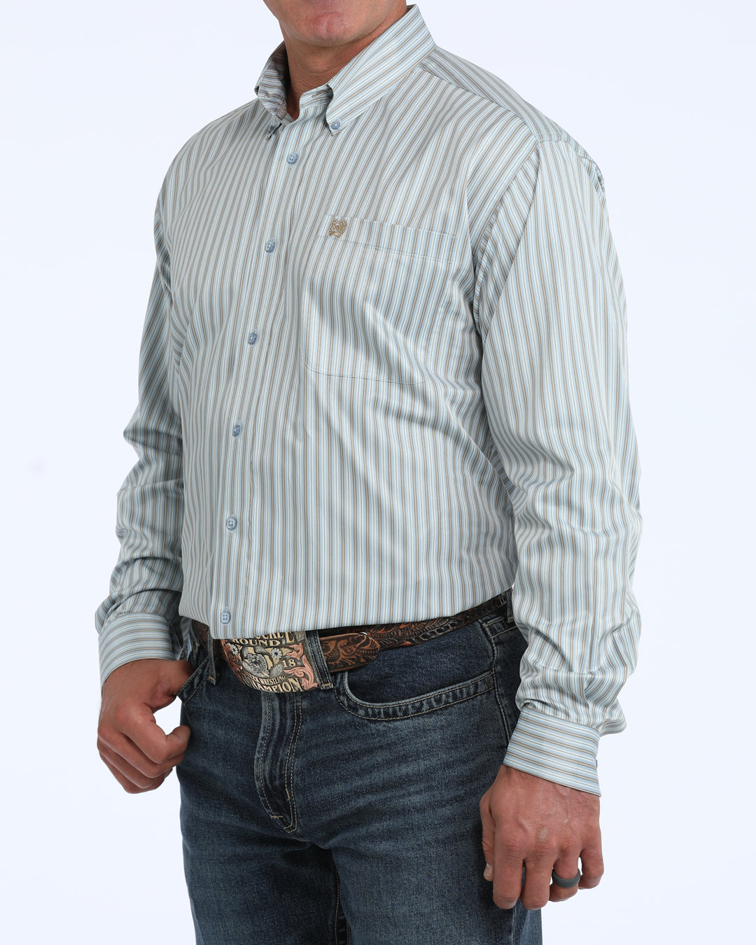 Cinch Mens Long Sleeve Stripe Shirt Light Blue relaxed straight body with full length sleeves mens western fashion