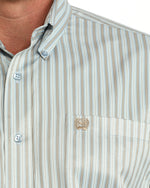 Cinch Mens Long Sleeve Stripe Shirt Light Blue button down collar points and tonal embroidered logo on the chest pocket ranch wear