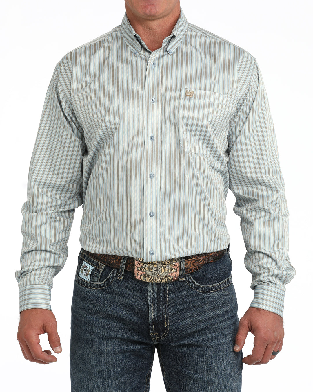Cinch Mens Long Sleeve Stripe Shirt Light Blue pale blue ground with fine tan and cream vertical stripes western clothing Utah SKU MTW1106153