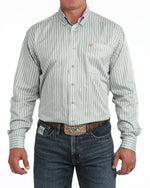 Cinch Mens Long Sleeve Stripe Shirt Light Blue pale blue ground with fine tan and cream vertical stripes western clothing Utah SKU MTW1106153