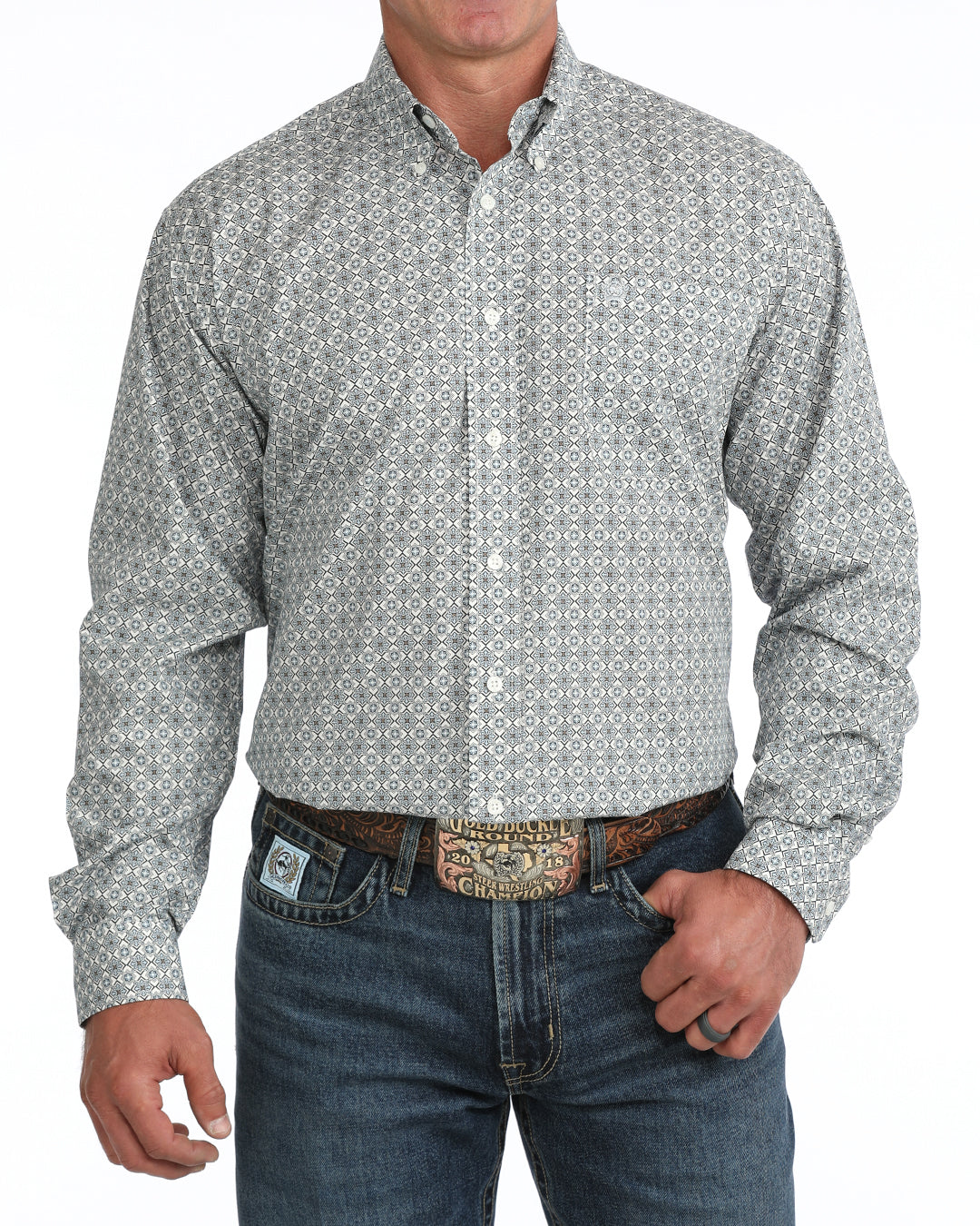 Cinch Mens Long Sleeve Print Shirt Cream MTW1106155 cream ground with small grey blue medallion print western clothing Utah SKU MTW1106155