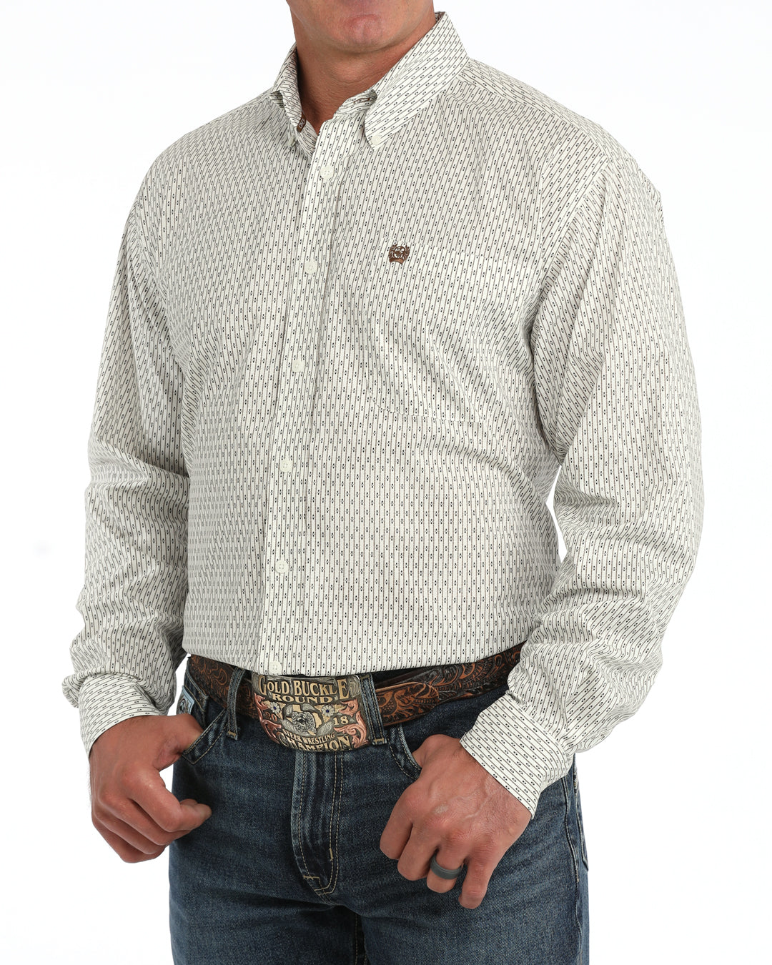 Cinch Mens Long Sleeve Print Shirt Cream MTW1106156 clean straight cut through the body with long set in sleeves mens western fashion
