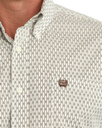 Cinch Mens Long Sleeve Print Shirt Cream MTW1106156 button down collar and brown embroidered logo above the chest pocket