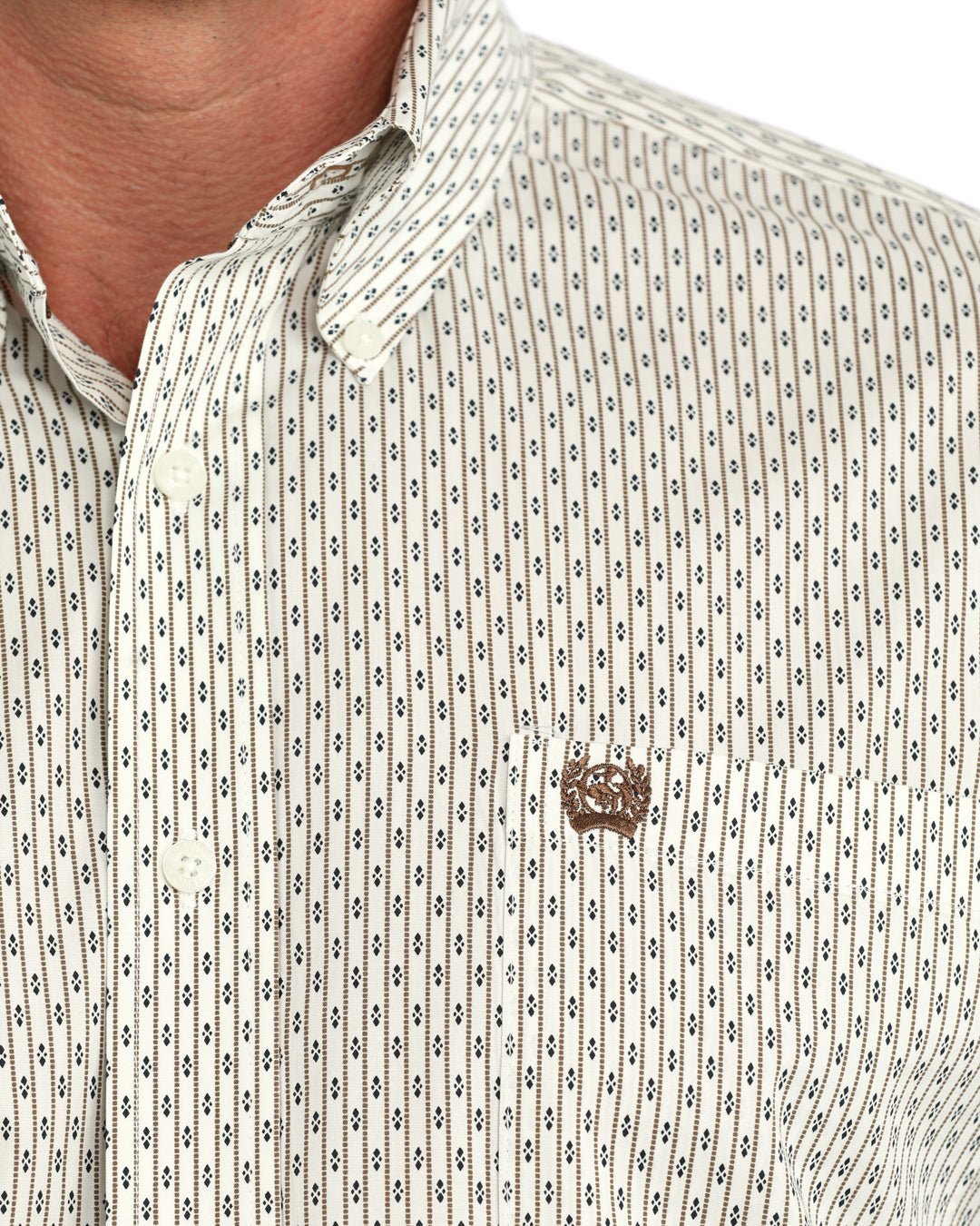 Cinch Mens Long Sleeve Print Shirt Cream MTW1106156 button down collar and brown embroidered logo above the chest pocket