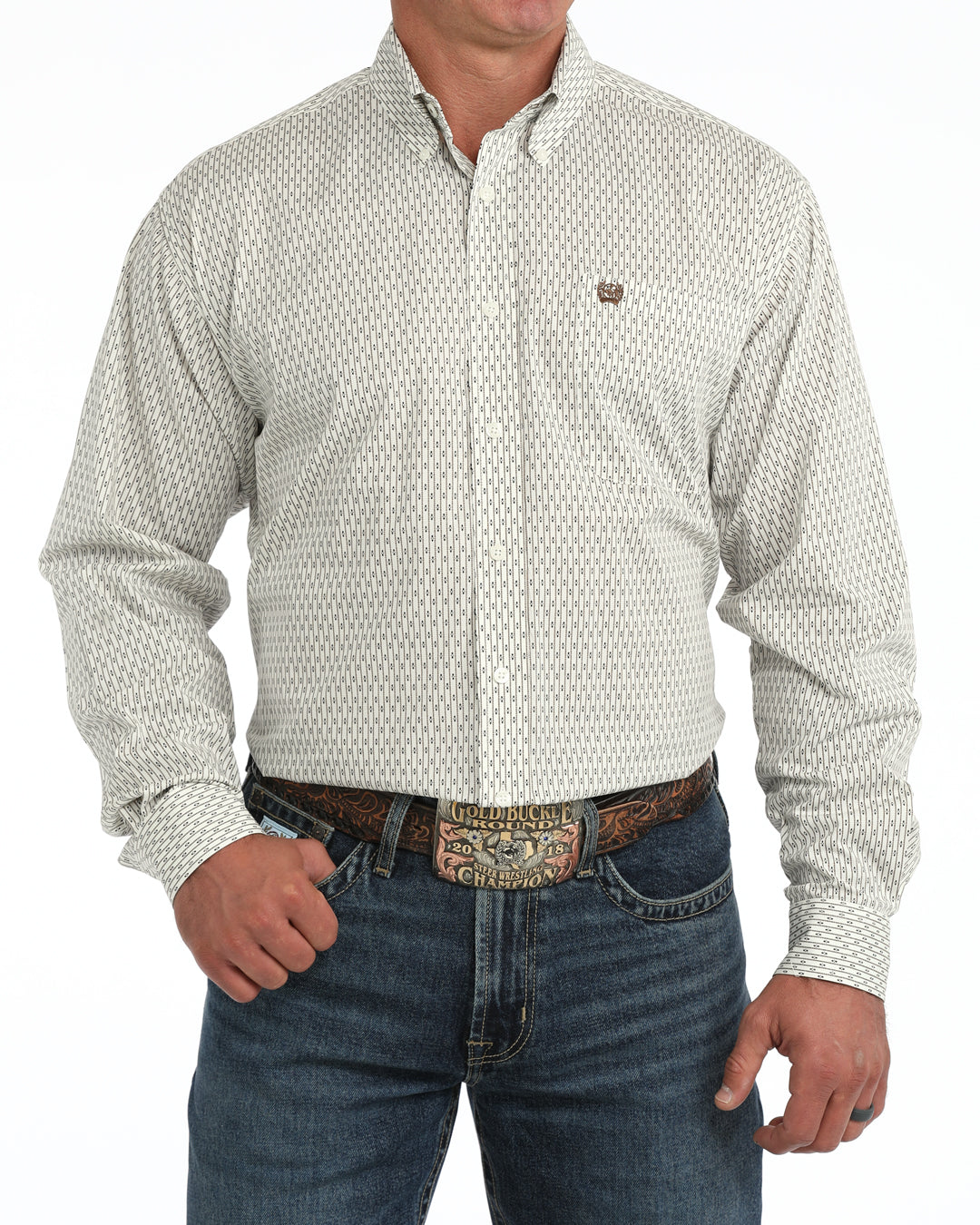 Cinch Mens Long Sleeve Print Shirt Cream MTW1106156 cream ground scattered with a small olive green diamond print western clothing Utah SKU MTW1106156