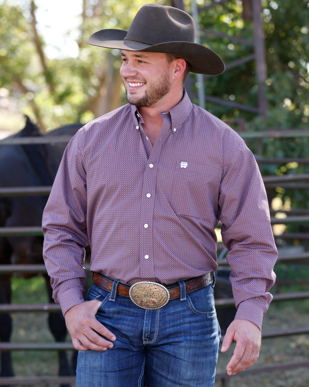 Cinch Mens Classic Fit Button Down Western Shirt Pink long sleeve western shirt for rodeo and everyday western fashion