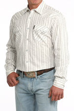MTW1301094 Cinch Mens Print Modern At boltranchstore.com free shipping mens western shirt pearl snap shirt button up white  button up Man wearing a white patterned shirt and light blue jeans in stock