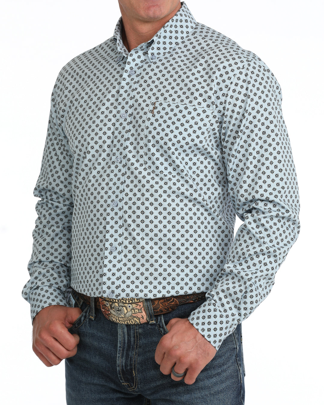 Cinch Mens Long Sleeve Print Modern Fit Shirt Light Blue modern fit cut closer through the chest and waist mens western fashion