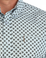 Cinch Mens Long Sleeve Print Modern Fit Shirt Light Blue button down collar with tonal logo embroidery at the pocket ranch wear